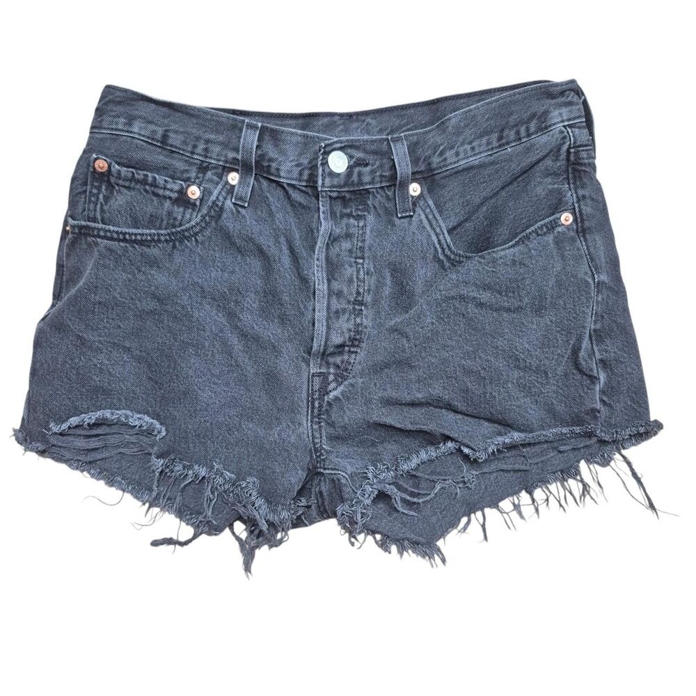 Levi's 501 Black Denim Shorts Button Fly Raw Hem Size 30"